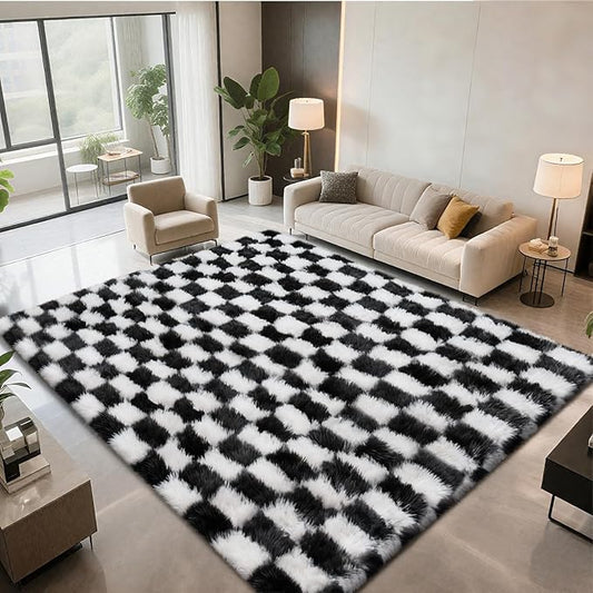 Checkered Area Rugs for Bedroom Living Room,8x10 Black and White Fluffy Soft Checkered Rug Fuzzy Shag Shaggy Carpet, Indoor Plush Floor Rugs for Teen Dorm Home Decor