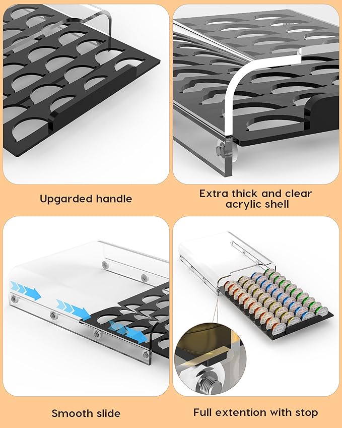 Upgraded Nespresso Vertuo Pod Holder,Clear Acrylic Coffee Pod Drawer Organizer with 40 Pods Capacity,Smooth Gliding Roller & Heavy Duty 48lbs Top Load,Anti-Drop Nespresso Vertuo Capsule Storage