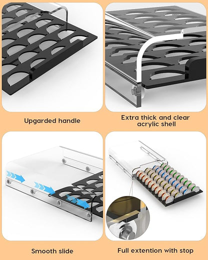 Upgraded Nespresso Vertuo Pod Holder,Clear Acrylic Coffee Pod Drawer Organizer with 40 Pods Capacity,Smooth Gliding Roller & Heavy Duty 48lbs Top Load,Anti-Drop Nespresso Vertuo Capsule Storage