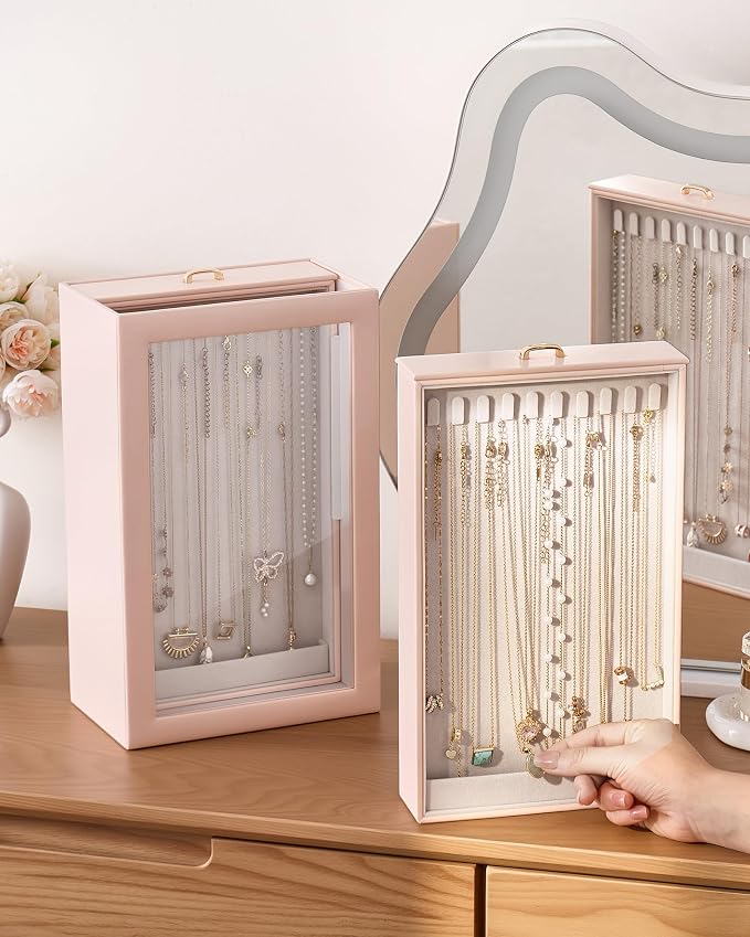 Lolalet Upgraded Double-Sided Hanging Necklace Organizer Box, Jewelry Display Case with Double-Sided Clear Window for Necklaces Bracelets, Tangle-Free Necklace Storage Box, Pink, 2-Layer 40 Hooks