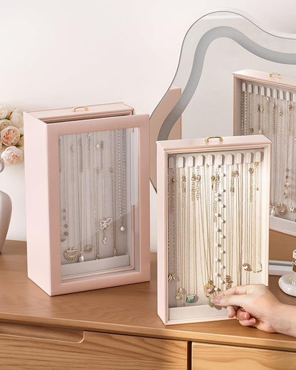 Lolalet Upgraded Double-Sided Hanging Necklace Organizer Box, Jewelry Display Case with Double-Sided Clear Window for Necklaces Bracelets, Tangle-Free Necklace Storage Box, Pink, 2-Layer 40 Hooks