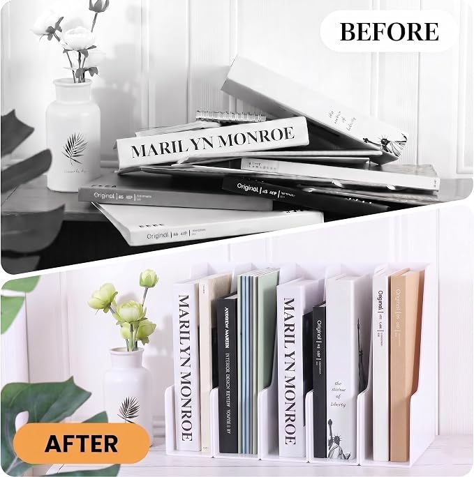 LALOBLUE Vertical Magazine File Holder, White, 4 Pack Folder Organizer | Plastic, Holds Magazines, Folders, Notebooks, Documents, 4 Section Vertical File Folder Holder, magazine file holder