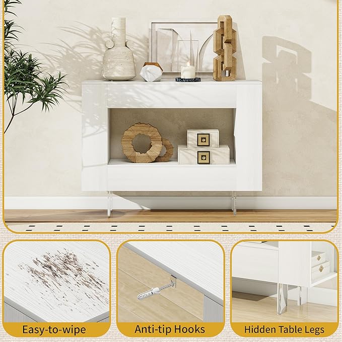 Narrow Console Table with Hidden Side Storage Cabinets, Adjustable Shelves, Modern Entryway Sofa Table for Behind The Couch, Living Room, Hallway, White