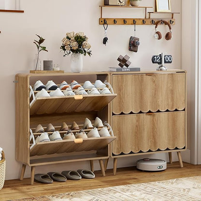 Shoe Storage Cabinet for Entryway with 2 Flip Drawers, Freestanding Narrow Wood Shoe Cabinet with Wave Panel, Hidden Shoe Organizer for Foyer, Hallway (Natural)
