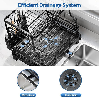 TOOLF Extendable Dish Drying Rack, 2-Tier Dish Rack for Kitchen Counter, Large Expandable Dish Drainer Over Sink, 3 in 1 Multifunction Dish Strainer with Drainboard & Cups Holder, Black