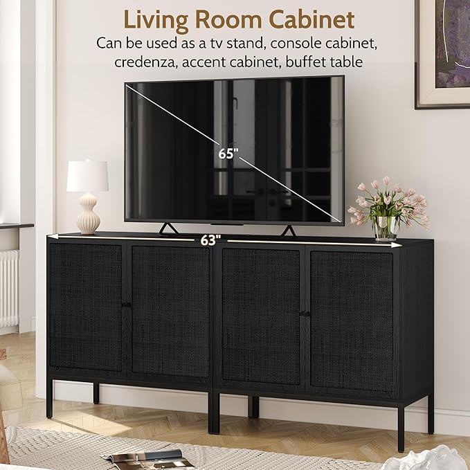 Yechen Full Black Rattan Cabinet, Farmhouse Sideboard Cabinet with Natural Rattan Decorated Doors, Accent Cane Credenza Buffet Console Storage, for Living Room Entryway Kitchen, Metal Legs