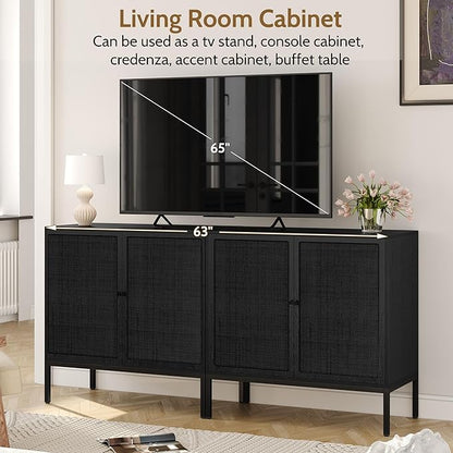 Yechen Full Black Rattan Cabinet, Farmhouse Sideboard Cabinet with Natural Rattan Decorated Doors, Accent Cane Credenza Buffet Console Storage, for Living Room Entryway Kitchen, Metal Legs