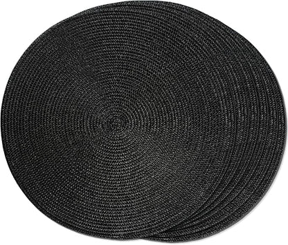 FunWheat Round Braided Placemats Set of 6 Place Mats for Dining Table Woven Washable Non-Slip Table Mats 15 Inch (Black, 6pcs)