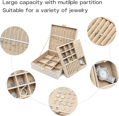 Jewelry Organizer Box, Jewelry Box Organizers for Women Girls, Jewellery Display Holder, 2 Layers Large Leather Jewels Storage Case for Earring, Rings, Necklaces, Bracelets, Watch, Ideal Gift (Beige)