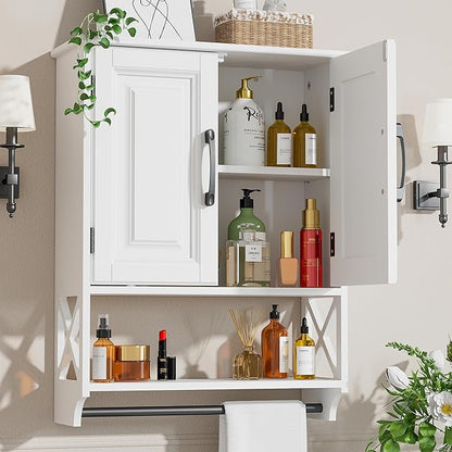 Farmhouse Bathroom Wall Cabinet with Tower Bar, 20"x25" Wall Storage Cabinet with Barn Doors & 3 Point Adjustable Shelf, 3-Tier Wall Mounted Medicine Cabinet for Bathroom Kitchen Living Room