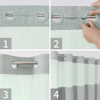 Long No Hooks Needed Linen Textured Shower Curtain with Snap-in Fabric Liner Set,Sage Green Hotel Luxury Decor Shower Curtains for Bathroom,Waterproof & Washable,71Wx80H