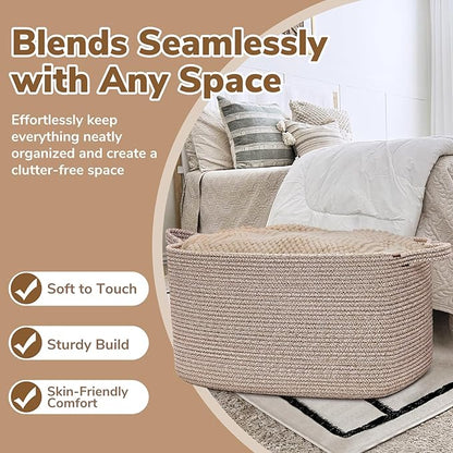 Goodpick Large Woven Storage Basket, 21.6" x 14.9" x 11.8" Blanket Basket for Living Room, Bedroom, Rectangle Rope Storage Organizer for Clothes, Toys, Brown
