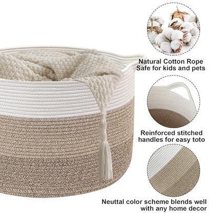 65L Large Blanket Basket,Woven Rope Laundry Basket Hamper with Handles,Decorative Nursery Basket Storage Bin for Toys, Pillows, Clothes Organizer, Living Room, Bedroom, Bathroom, Brown
