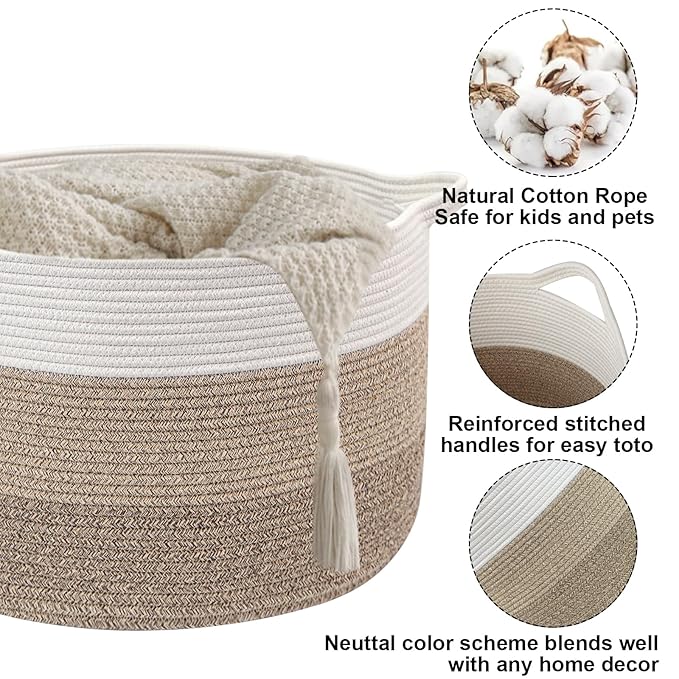 115L Extra Large Blanket Basket,Woven Rope Laundry Basket Hamper with Handles, Decorative Nursery Basket Storage Bin for Toys, Clothes Organizer, Living Room, Bedroom, Bathroom, Brown