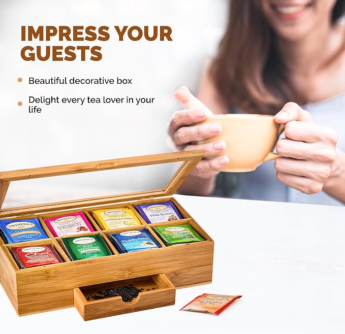 Bamboo Tea Bag Organizer Box - 8 Compartment Tea Storage Box with Acrylic Lid, Magnetic Closure and Drawer, Tea Bag Holder for Kitchen Counter, Tea Organizer, Tea Box, Gift for Mom Wife Tea Lovers