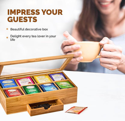 Bamboo Tea Bag Organizer Box - 8 Compartment Tea Storage Box with Acrylic Lid, Magnetic Closure and Drawer, Tea Bag Holder for Kitchen Counter, Tea Organizer, Tea Box, Gift for Mom Wife Tea Lovers