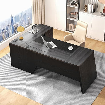 78 Inch L Shape Executive Desk, Large Modern Home Office Desk with Drawer and Cord Hold Management, Wooden Business Furniture for CEO Boss Manager, Black Gray