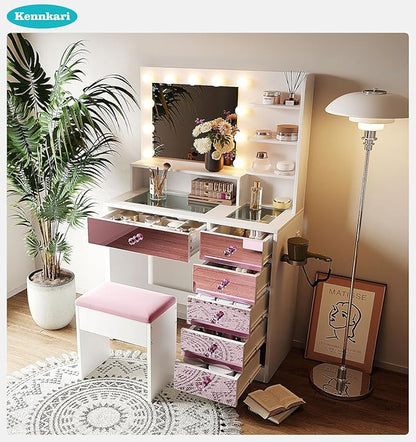 Vanity Desk with Hollywood Mirror and 9 Lights, Makeup Vanity with Drawers and Shelves, Vanity Table with Glass Top and Stool for Bedroom (Pink)