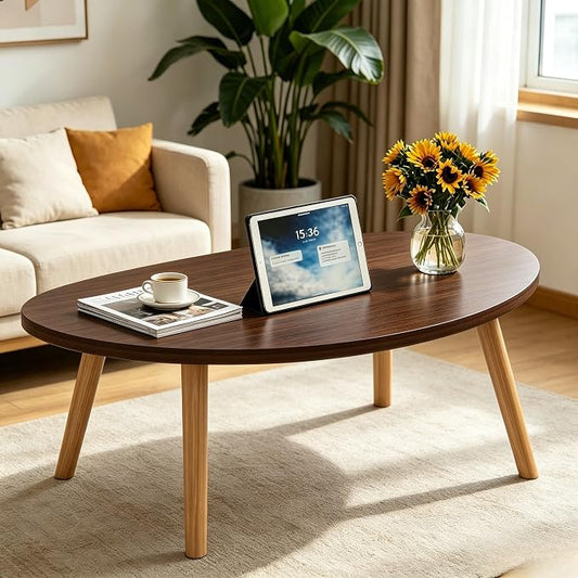 Coffee Table Low Table with Solid Wood Legs, 31.5x19.7" Large Coffee Table Side Table, Floor Table Desk for Sitting on The Floor, Living Room Furniture for Office Apartment Home, Pebble-Walnut