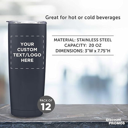 Custom Pipette Stainless Steel Coffee Tumblers 20 oz. Set of 12, Personalized Bulk Pack - Double Wall, Perfect for Coffee, Hot Cocoa, Other Hot & Cold Beverages - Charcoal