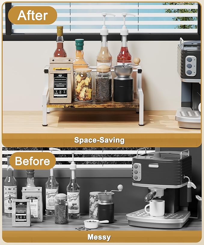 Coffee Syrup Rack Organizer for Countertop, 4 Syrup Bottles Holder Stand for Tabletop, Bar Organizer for Coffee Supplies, Wine Storage Rack for Home Bar, Kitchen, Café Shop, White