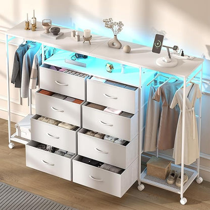 59.1" W Dresser for Bedroom with Hanging Rack, 8 Drawer Dresser with LED Lights & Charging Station, Fabric Dressers with Portable Wheels,Metal Frame, Wooden Top (White)