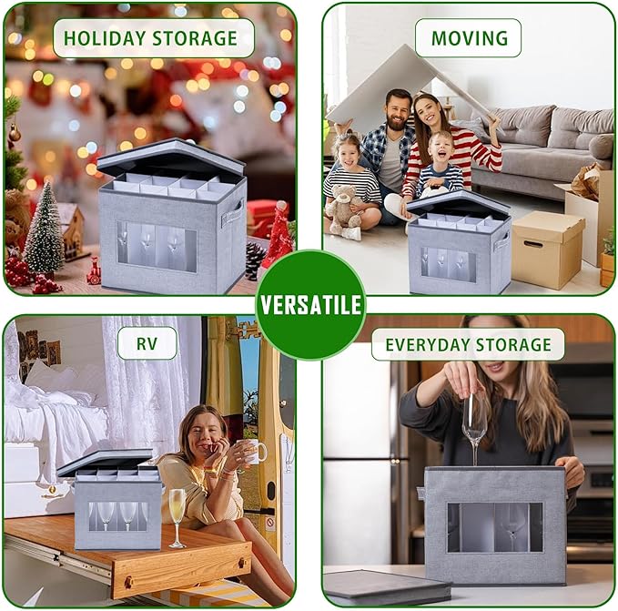 VENO 1 Pack Champagne Flute Glass Storage Box, Stemware Storage Case Hard Shell, Christmas Holiday Ornaments China Container with Dividers and Handles, for Moving Crystal Wine Glassware (12 Glasses)