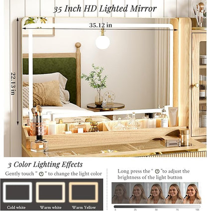 Vanity Desk with 35.12" HD Lighted Mirror, 46.85" Big Modern Vanity Desk with Mirror and Lights, Makeup Vanity with 7 Drawers and Storage Shelves and Charging Station, Oak