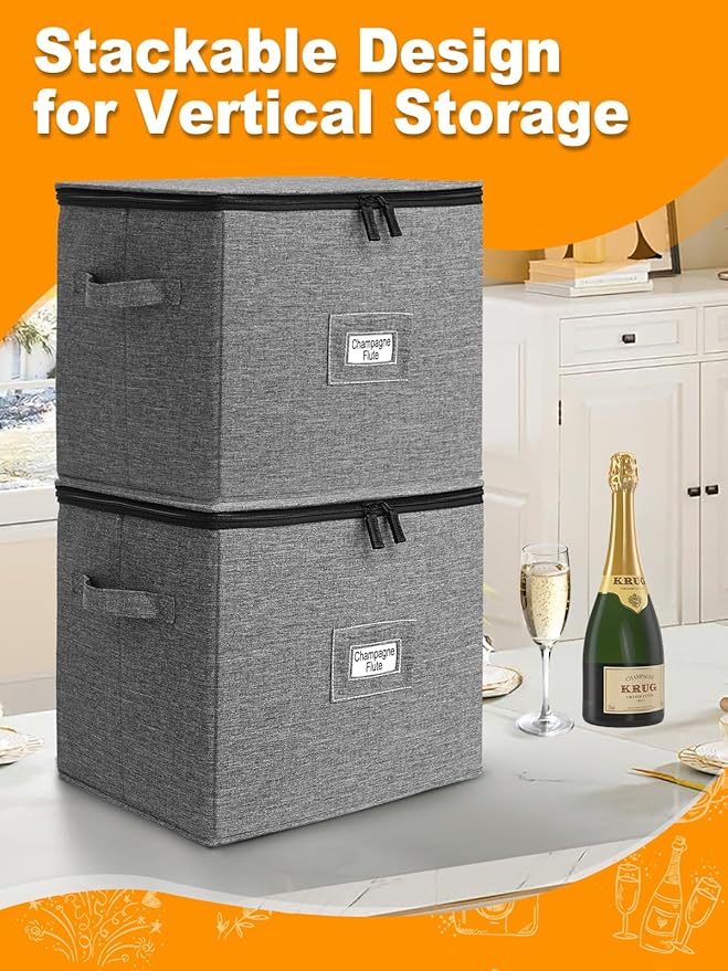 punemi Champagne Flute Storage Container, 2 Pack Wine Glass Storage Box w/Hard-Shell Top, Bottom & Sides, Dividers, Stackable Glassware Storage Container for Champagne, White Wine & Stemware