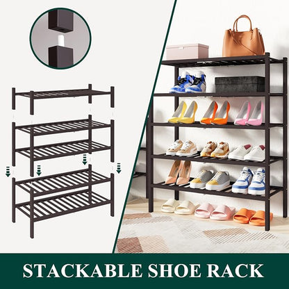 Smiry Bamboo Shoe Rack, 5 Tier Free Standing Wooden Shoe Organizer, Stackable Wood Shoe Storage Shelf for Closet, Entryway, 14 Vertical Slats, 2+2+1 Stack Heavy-Duty Legs, 26.8"x11"x32.5", Brown