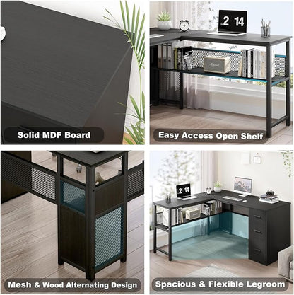 LVB Black L Shaped Desk, Reversible Computer Office Desk with Drawers, Modern Large L Shape Gaming Desk Table with File Cabinets, Wood Executive Corner Desk with Storage Shelf for Bedroom, 59 Inch