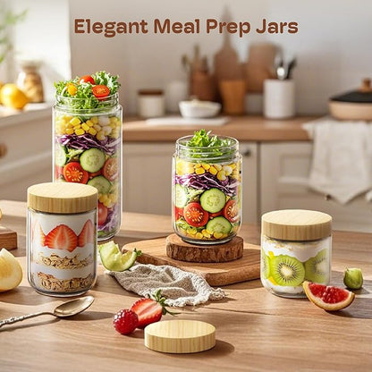 6 Pack 16oz Overnight Oats Containers with Bamboo Lids, Glass Jars with Airtight Lids for Meal Prep, Wide Mouth Mason Salad Jars, Glass Food Storage Container for Yogurt Chia Snacks Spice Sugar