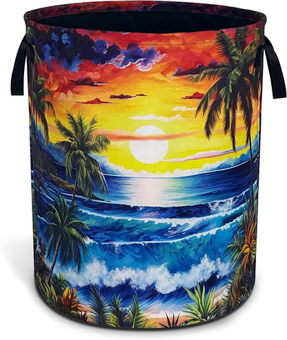Ocean Waves Laundry Basket Funny Hawaii Sunset Foldable Waterproof Oxford Cloth Tote Bag Laundry Hamper Large Clothes Storage Bucket Toy Organizer For Bathroom/Laundry Storage/Bedroom 18.9x16.5 Inch