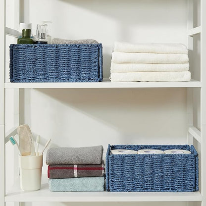 Vagusicc Wicker Storage Basket, Set of 2 Hand-Woven Paper Rope Wicker Basket, Small Storage Baskets for Organizing Toilet Paper Basket, Foldable Large Cube Storage Organizer Bins for Shelves (Blue)