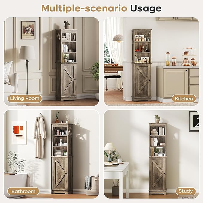 Narrow Bathroom Storage Cabinet with Door and Open Adjustable Shelves, 60.9" H Wooden Tall Tower Corner Farmhouse Cabinet, Freestanding Organizer for Kitchen, Entryway Grey