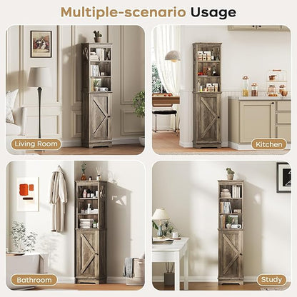Narrow Bathroom Storage Cabinet with Door and Open Adjustable Shelves, 60.9" H Wooden Tall Tower Corner Farmhouse Cabinet, Freestanding Organizer for Kitchen, Entryway Grey