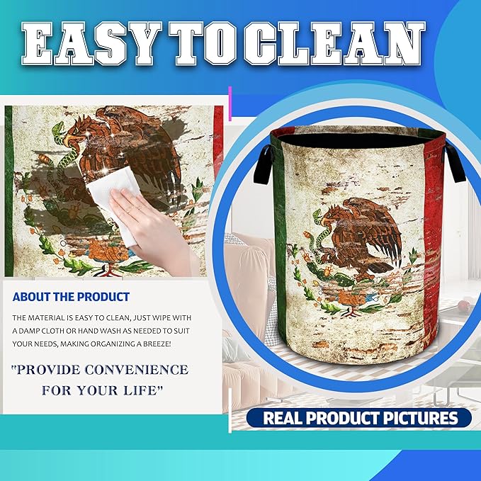 Vintage Mexican Flag Laundry Basket Funny Oxford Cloth Laundry Hamper With Handle Foldable Portable Clothes Storage Basket 18.9 X 16.5 Inch Storage Bag For Laundry Room/Bathroom/Bedroom/Dormitories