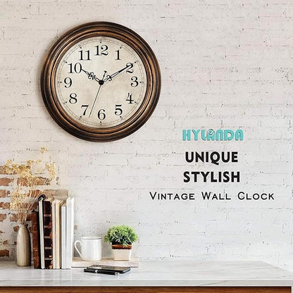 HYLANDA Wall Clock - 12 Inch Vintage Battery Operated - Retro Silent Non Ticking - Decorative Living Room Home Kitchen School Office