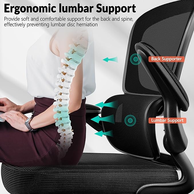 Office Chair Ergonomic Desk Chair, Breathable Mesh Comfy Chair with Lumbar Support, Computer Chair, Home Desk Chair with Flip-up Armrests, Gaming Chair for Adults Home Office (Black,2Pack)