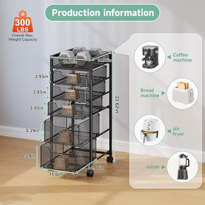 keomaisyto 6-Tier Kitchen Storage Cart with Top Basket & Drawers, Utility Fruit Vegetable Storage Rack on Lockable Wheels, Metal Rolling Snack Cart, Kitchen Organization for Potatoe Onion Can Spice