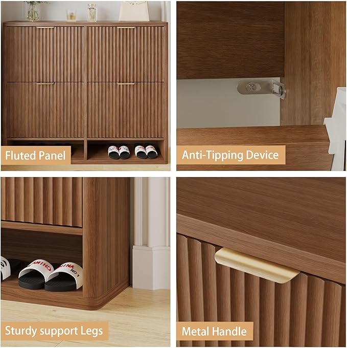 Shoe Storage Cabinet for Entryway with 4 Flip Drawers, 47.2" Large Modern Freestanding Shoe Organizer with Fluted Doors & Hidden Shoe Rack - Slim Enclosed Shoe Rack for Hallway (Walnut)