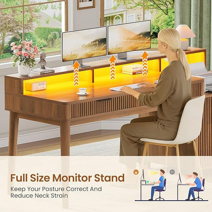 SEDETA Modern Office Desk with 4 Drawers, 59" Fluted Gaming Computer Desk with Storage, LED Lights and Power Strip, Wood Writing Desk Study Table for Home Office, Living Room, Bedroom, Brown