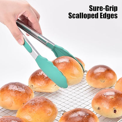 Doosu Kitchen Tongs for Cooking - 600°F Heat Resistant Food Tong Set with Non-Scratch Silicone Tips, Heavy Duty Stainless Steel Locking Tong for BBQ, Grilling Steak, Serving (7+9+12in, Aqua Sky)