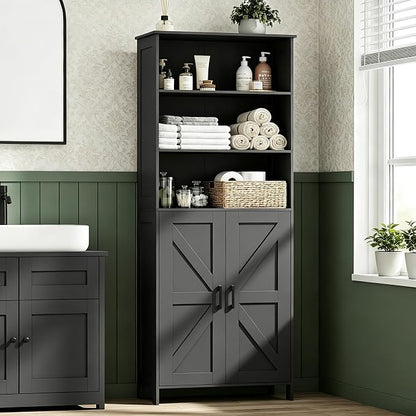 Homhedy 67" Tall Bathroom Storage Cabinet, Freestanding Farmhouse Cabinet with 2 Doors and Adjustable Shelf, Bathroom Organizers and Storage for Kitchen, Living Room, Laundry Room, Black