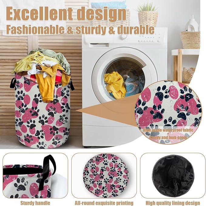 Pink Paw Print Laundry Basket, Foldable Waterproof Laundry Hamper Tote Bag Dirty Clothes Storage Bucket Toy Organizer for Bathroom/Laundry/Bedroom 15.7"x19.6"