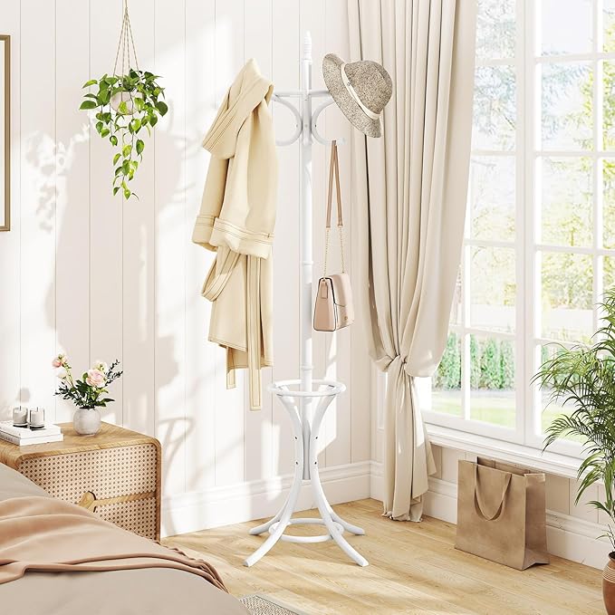 Tangkula Coat Rack with Umbrella Holder, 73 Inch Freestanding Coat Hanger Stand with 12 Hooks, Wooden Entryway Coat Tree for Clothes, Bags, Hats, Scarves, Living Room, Bedroom, Hallway (White)
