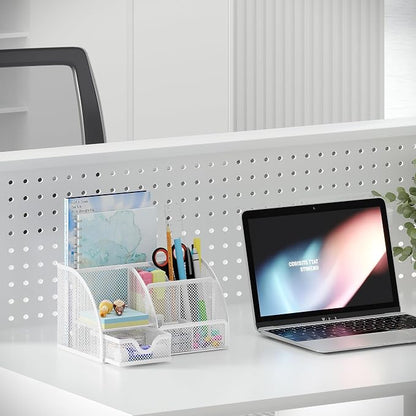 EasyPAG Mesh Desk Organizer with Drawer Multi-functional Pen Holder Stationery Organizer for Office School Supplies 6 Compartments Dorm Organizers and Storage for Desk, White