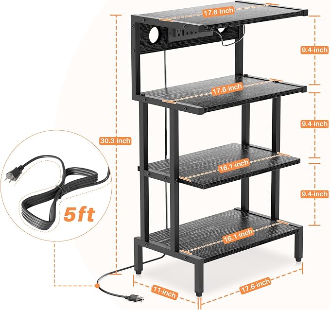 Aquzee Game Console Shelf, 4-Tier Video Gaming Consoles Stand with Outlet & RGB Light, Small Media Entertainment Center for Audio Stereo Storage Organizer Playroom Furniture, Stereo Stands and Racks