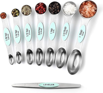 Spring Chef Stainless Steel Magnetic Measuring Spoons Set of 8 with Leveler, Nesting Metal Teaspoon & Tablespoon Measuring Spoons, Kitchen Gadgets for Baking & Cooking, Fits in Spice Jars - Mint