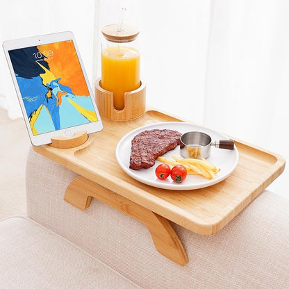 Nnewvante Couch Table on Arm,3 in 1 Large 15.36"x9.85" Bamboo Couch Cup Holder Sofa Arm Clip on TV Tray Table with 360°Rotated Phone/Cup Holder